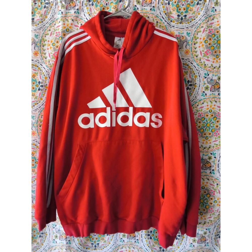 Adidas Big Logo Striped Sleeve Hoodie Men's 3XLT Red Sports Casual Vintage Y2K